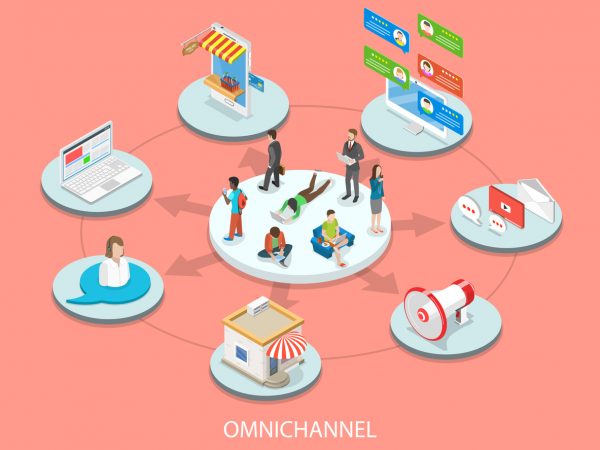 Omnichannel sales flat isometric vector concept. Customers surrounded by many communication types with seller.