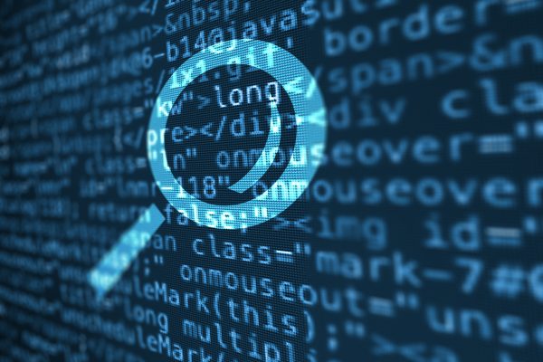 Computer data code screen with magnifying glass icon search engines crawling the web for information