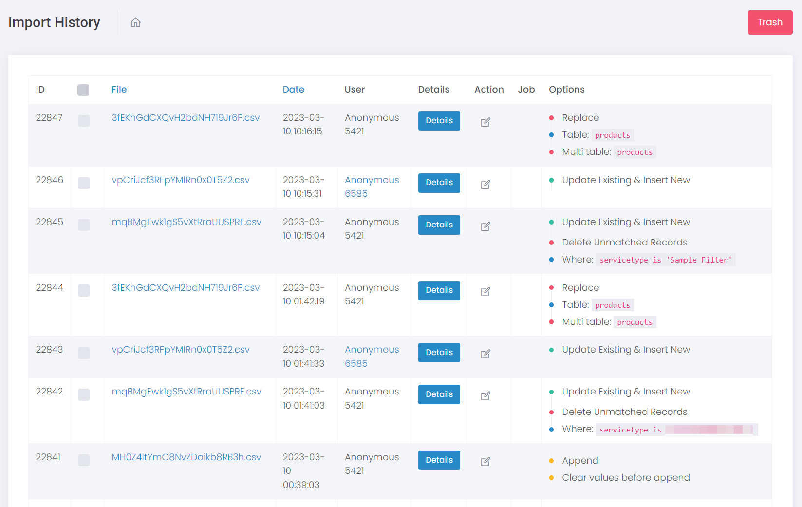 History of locator bulk import actions